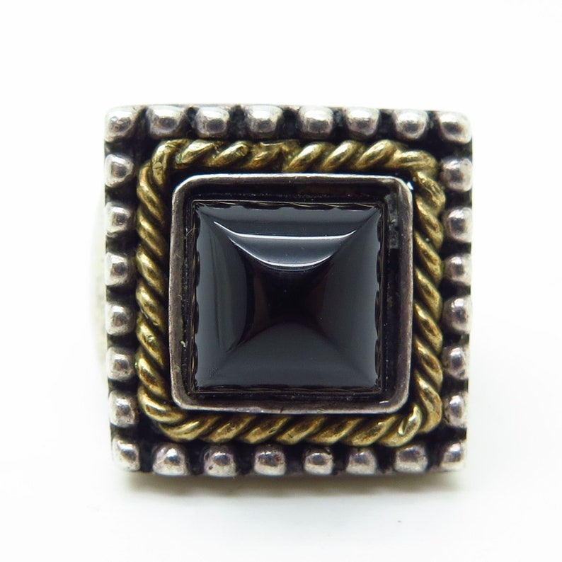 Italy Signed 925 Sterling Silver 2 Tone Real Black Onyx Gem Wide Ring Size 6 34