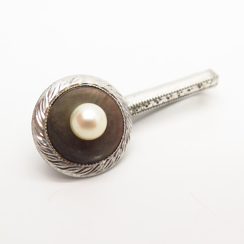 925 Sterling Silver Antique Real Abalone Shell and Pearl Tie Clip