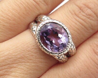 925 Sterling Silver Vintage Real Amethyst Gem Pebble Ring Size 7.75