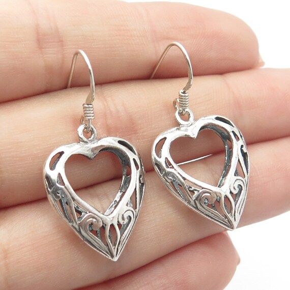 925 Sterling Silver Vintage Ornate Heart Dangling… - image 1