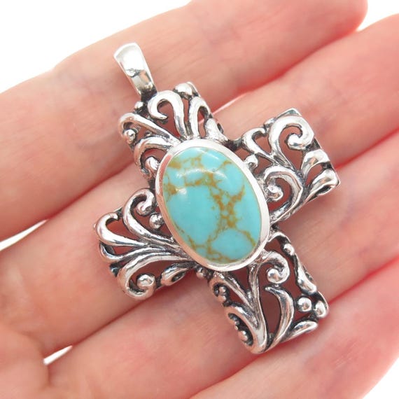 925 Sterling Silver Vintage Real Lone Mountain Turquoise Cross Charm Pendant
