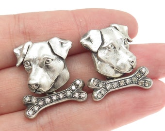 925 Sterling Silver Vintage Real Round-Cut Diamond Jack Russell Dog Cufflinks