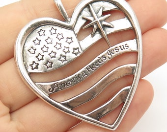 925 Sterling Silver Vintage Hand and Hammer Heart USA Flag Pendant