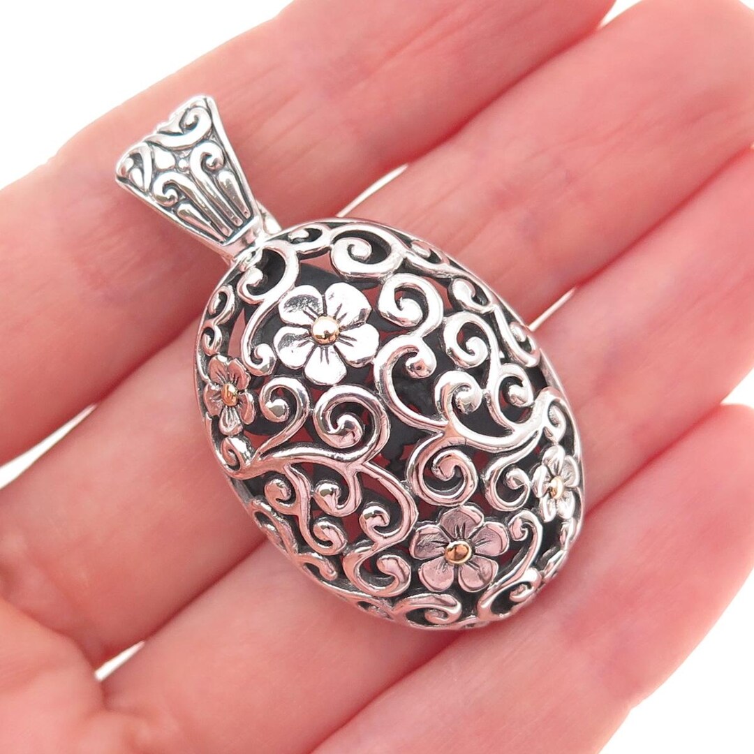 925 Sterling Silver 18K Gold Vintage Floral Ornate Oxidized Charm ...