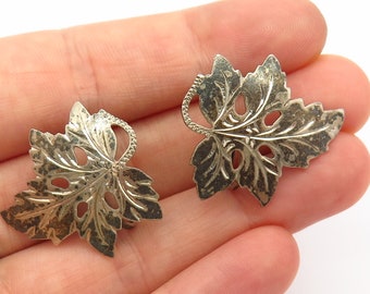 925 Sterling Silver Vintage Grape Leaf Design Screw Back Earrings