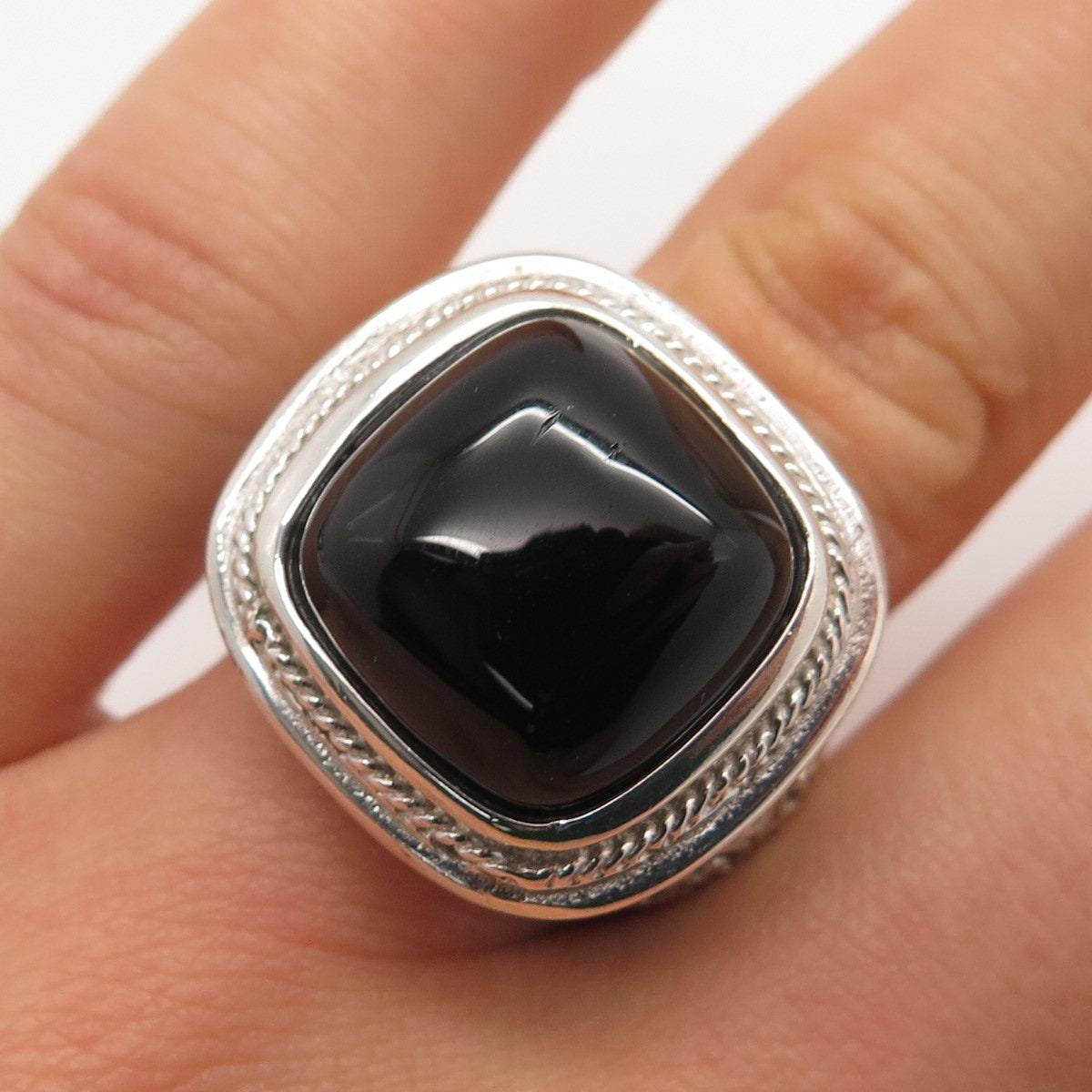 925 Sterling Silver Vintage Real Black Onyx Gem Square Heart Ring