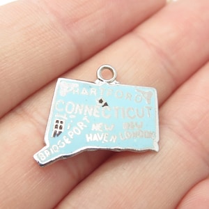 925 Sterling Silver Vintage Enamel &quot;Connecticut&quot; State Map Charm Pendant