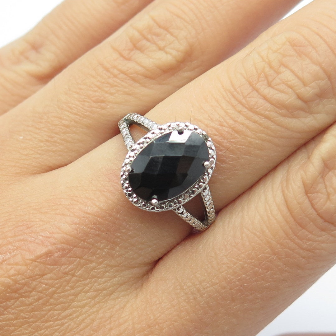 925 Sterling Silver Real Diamond Accent and Black Spinel Ring Etsy