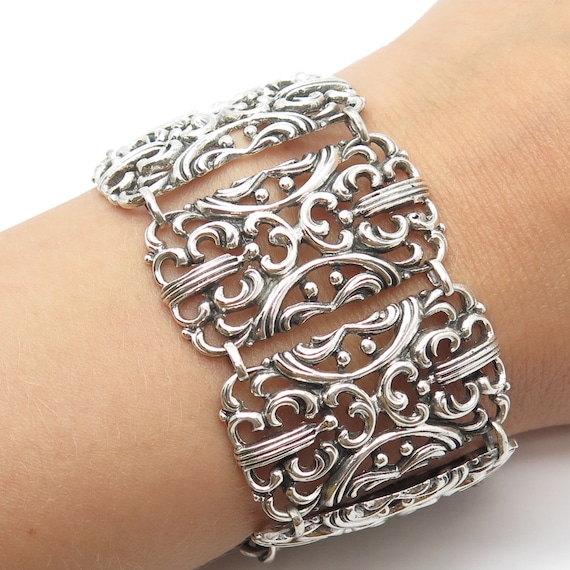 925 Sterling Silver Vintage Ornate Wide Panel Link Bracelet 7