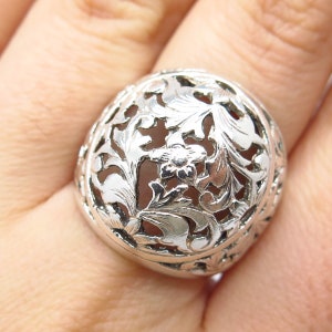 925 Sterling Silver Vintage Israel Ornate Floral Leaf Ring Size 8.5