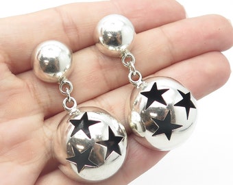 925 Sterling Silver Vintage Mexico Star Dome Dangling Drop Earrings