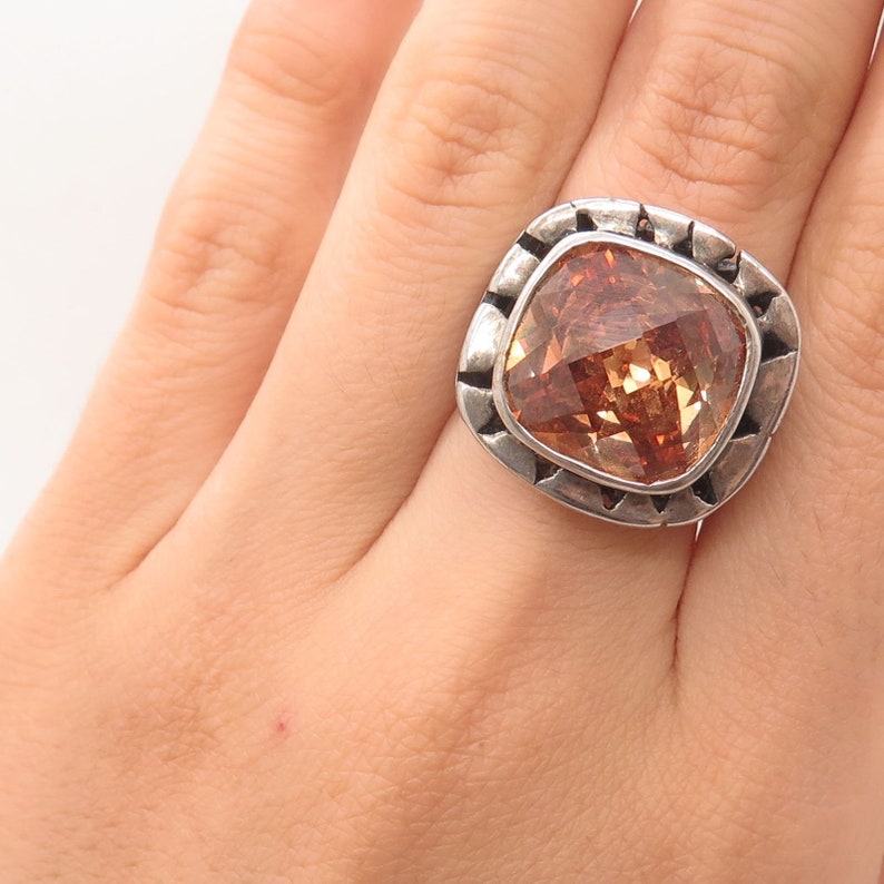 925 Sterling Silver Large Cognac CZ Modernist Ring Size 5 34