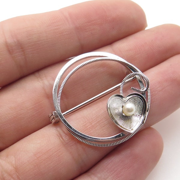 DE CURTIS Sterling Silver Antique Art Deco Real Pearl Heart Circle Pin Brooch