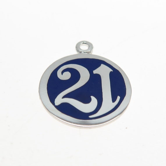 925 Sterling Silver Vintage Blue Enamel "21" Luck… - image 4