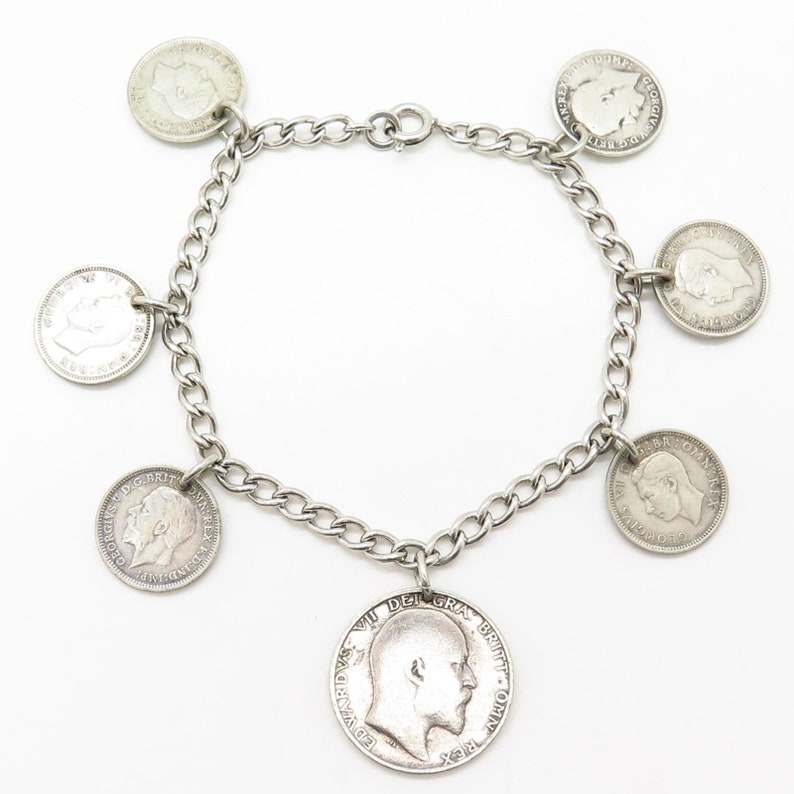 Vtg 925 Sterling Silver Assorted British Coins Dangling Cable Link Bracelet 7