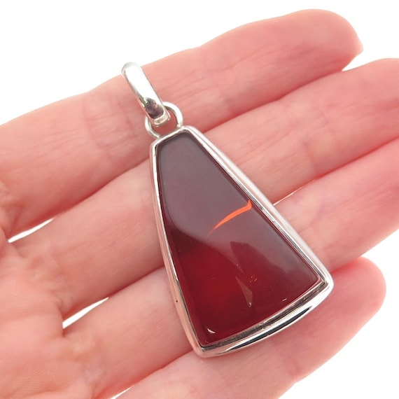 925 Sterling Silver Vintage Real Amber Modernist Pendant