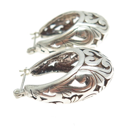 925 Sterling Silver Vintage Ornate Hinged Hoop Ea… - image 5
