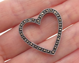 925 Sterling Silver Vintage Real Marcasite Heart Oxidized Slide Charm Pendant