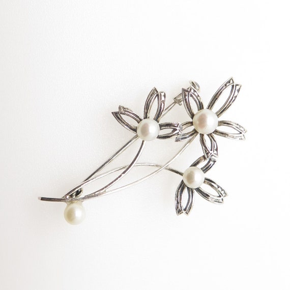 925 Sterling Silver Vintage Real Pearl Floral Pin… - image 4