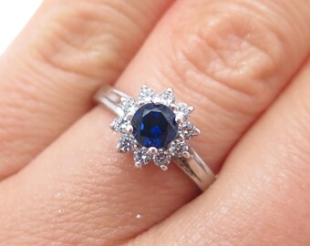 Vintage Sterling Silver Lab Blue Sapphire & White Topaz Ring  display picture 1