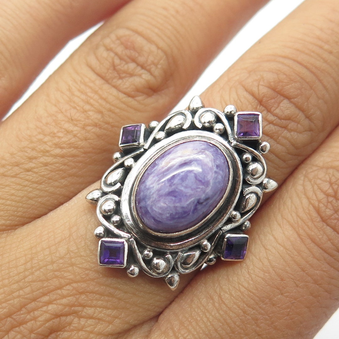 thumbnail image 2 of Handmade 925 Sterling Silver Charoite Gemstone Ring – Oval Blue Stone, Bezel Set, All Sizes 2 of 5