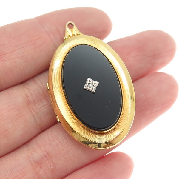 1/20 12K Gold Filled Antique Art Deco Real Diamond and Black Onyx Locket Pendant