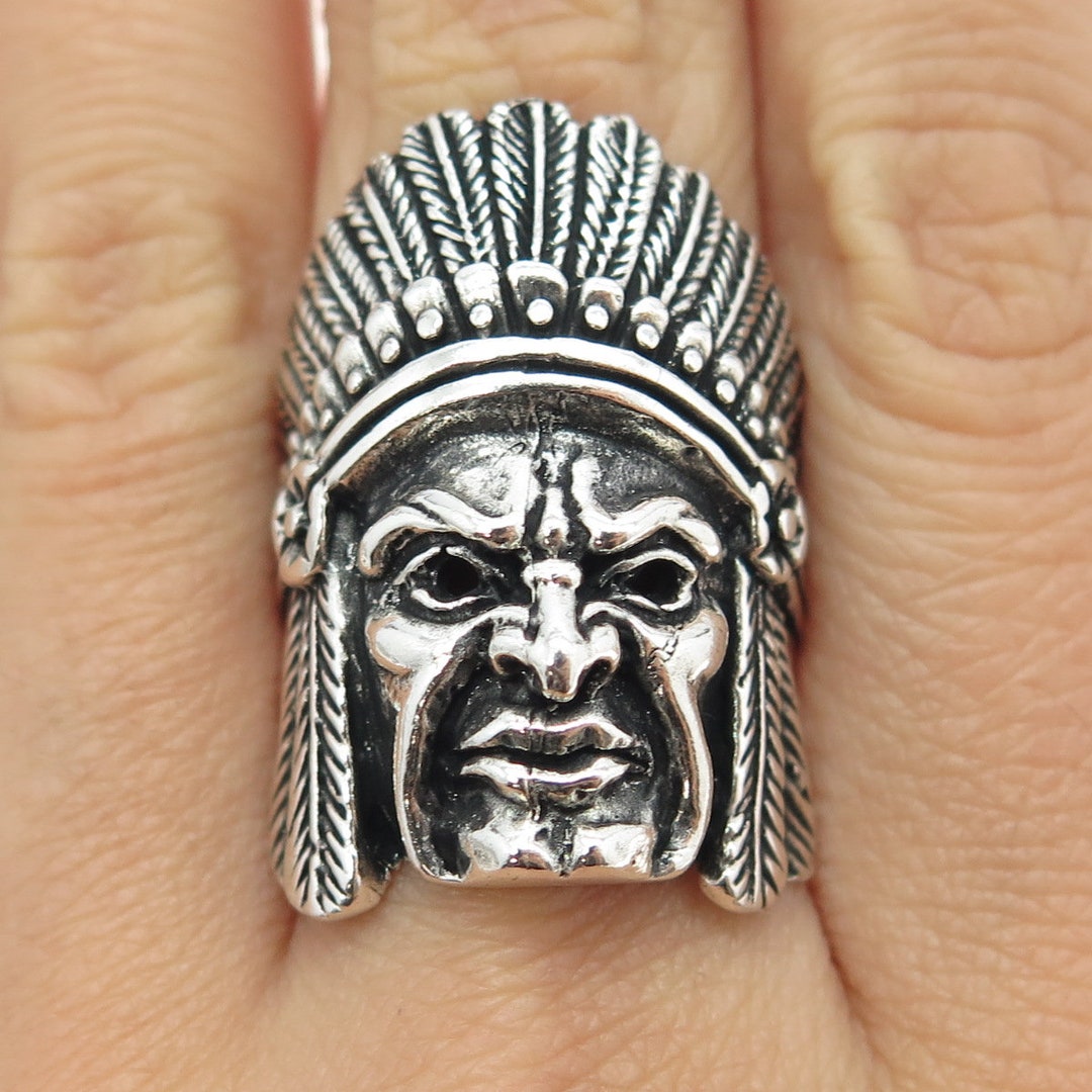 925 Sterling Silver Vintage Indian Chief Tribal Statement Ring
