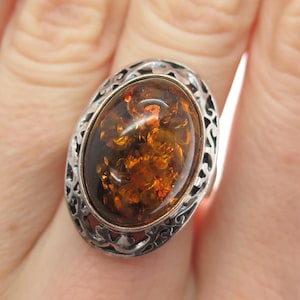 VALERIO V-8 925 Sterling Silver Vintage Poland Amber Modernist Ring Size 7.25