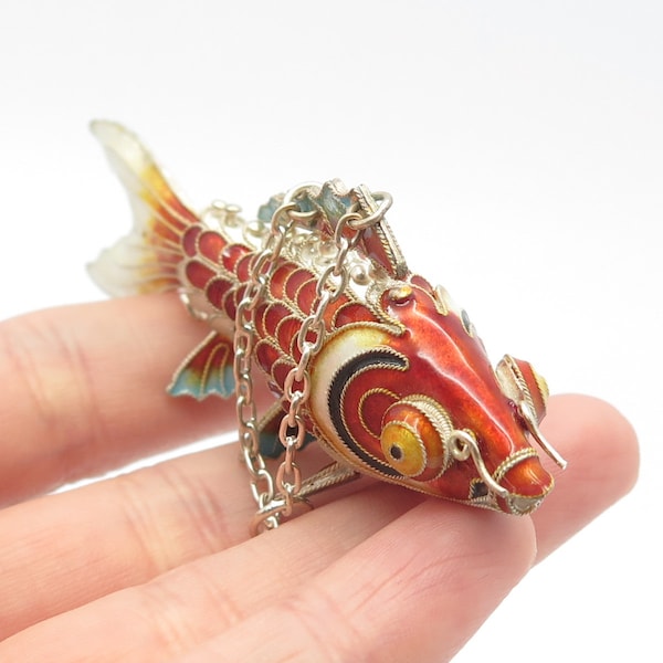 925 Sterling Silver Antique Enamel Articulated Chinese Koi Fish Chatelaine Fob