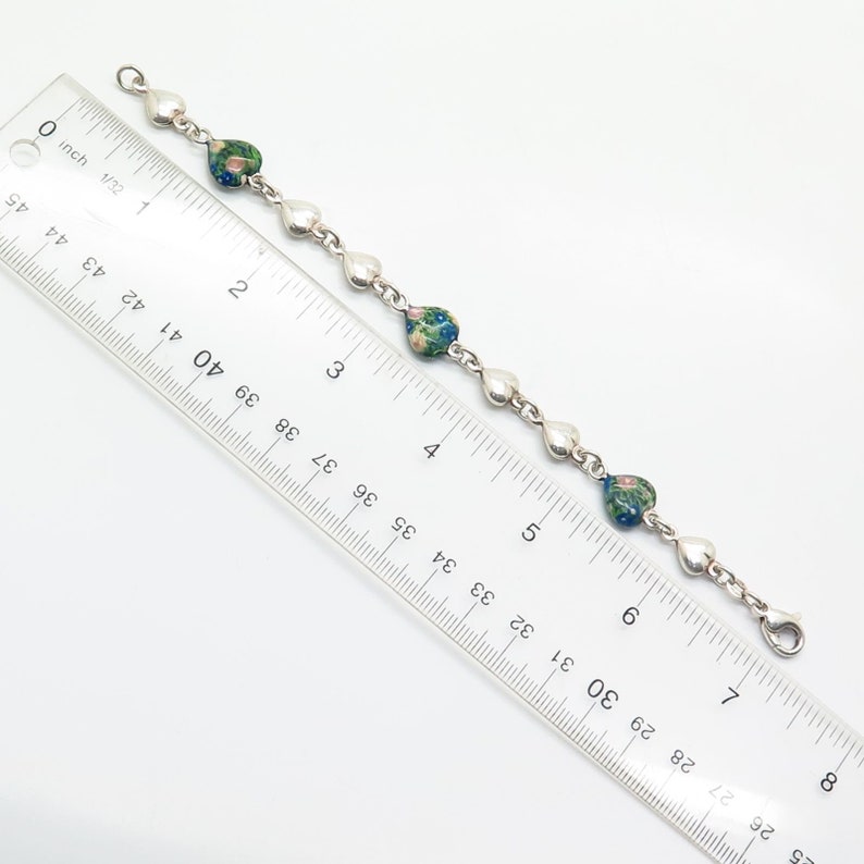 925 Sterling Silver Italy Floral Heart Link Bracelet 6.5