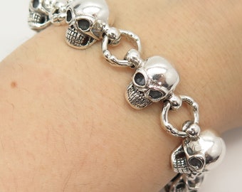 925 Sterling Silver Vintage Skull Biker Design Link Bracelet 7 1/4"