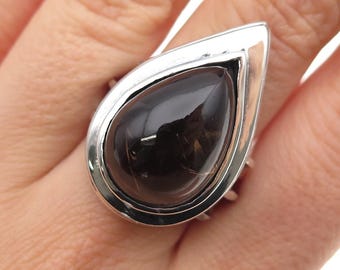 925 Sterling Silver Vintage Real Smoky Quartz Modernist Oxidized Ring Size 7.25