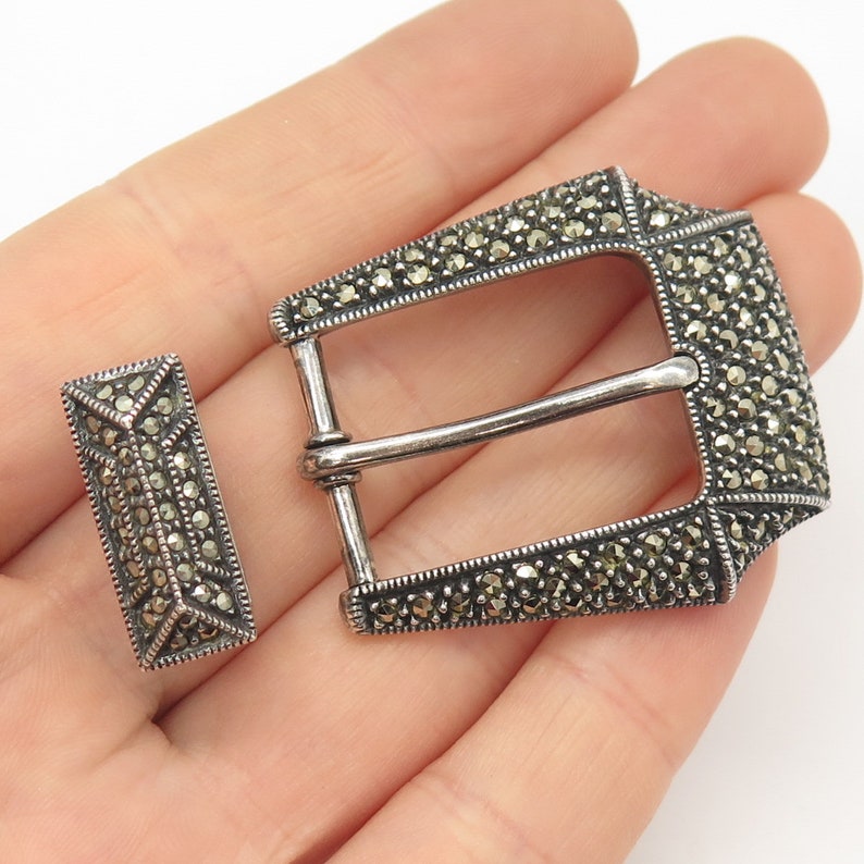 925 Sterling Silver Vintage Judith Jack Real Marcasite Gem Belt Buckle and Keeper