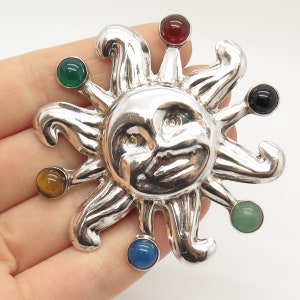 925 Sterling Silver Vintage Mexico Multi-Color Gem Sun Face Pin Brooch