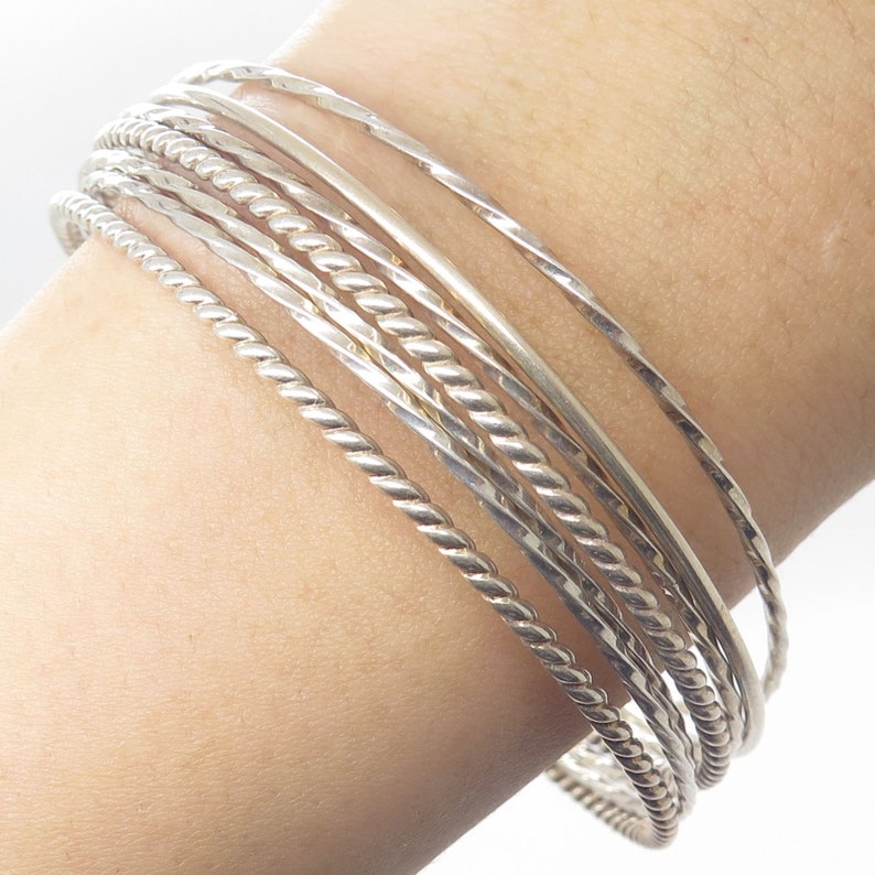 Signed 925 Silver 6 Piece Bonded Stackable Twisted Design Bangle Bracelet 7.5