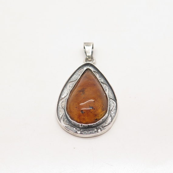 925 Sterling Silver Vintage Real Amber Teardrop P… - image 4