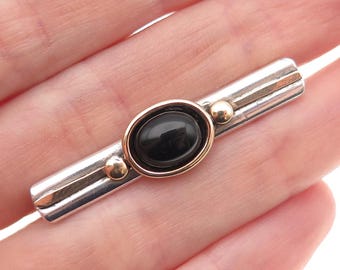 Carolee 925 Sterling Silver 2-Tone Vintage Real Black Onyx Bar Pin Brooch