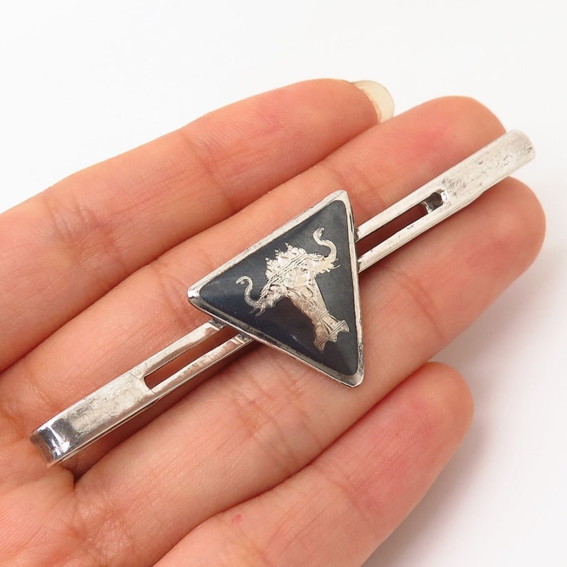 925 Sterling Silver Vintage Siam Niello Three Headed Elephant Tie Clip