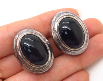 925 Sterling Silver Vintage Mexico Real Black Onyx Gem Oval Clip On Earrings