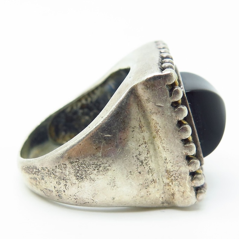 Italy Signed 925 Sterling Silver 2 Tone Real Black Onyx Gem Wide Ring Size 6 34