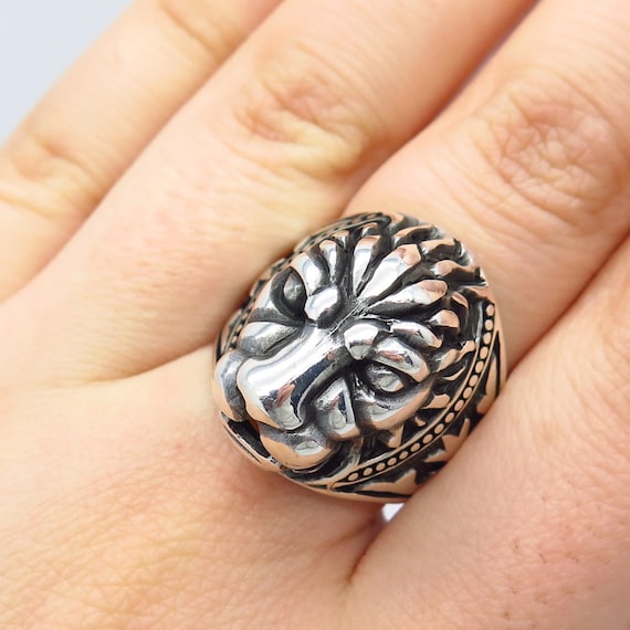 Silver Lion Head Men's Ring – 925 Sterling Silver Statement Ring, Size 8.25