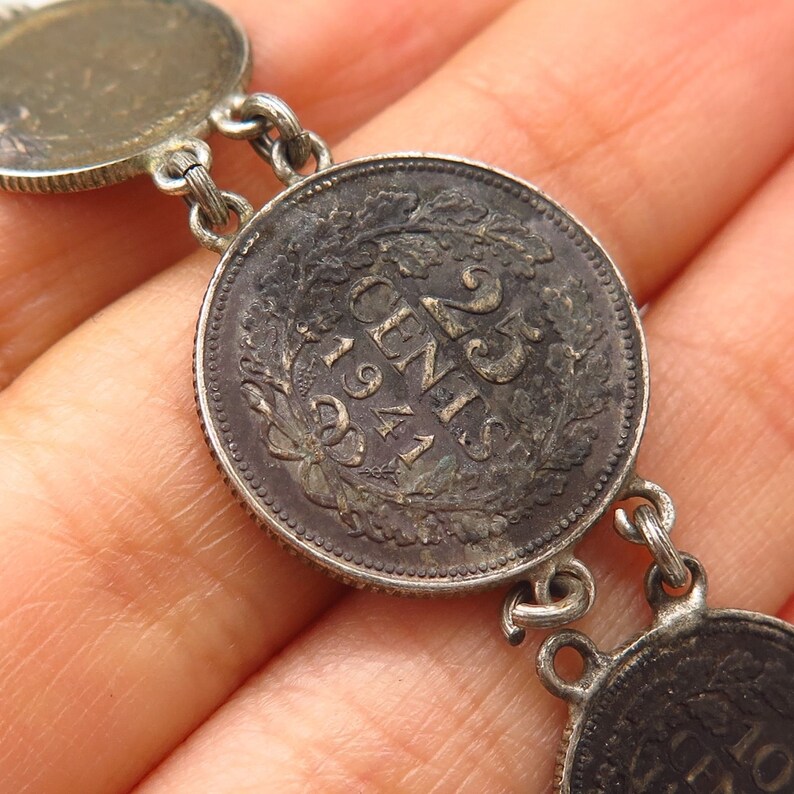 640 Silver Antique 1940s Wilhelmina Koningin Assorted Coin Link Bracelet 7 14