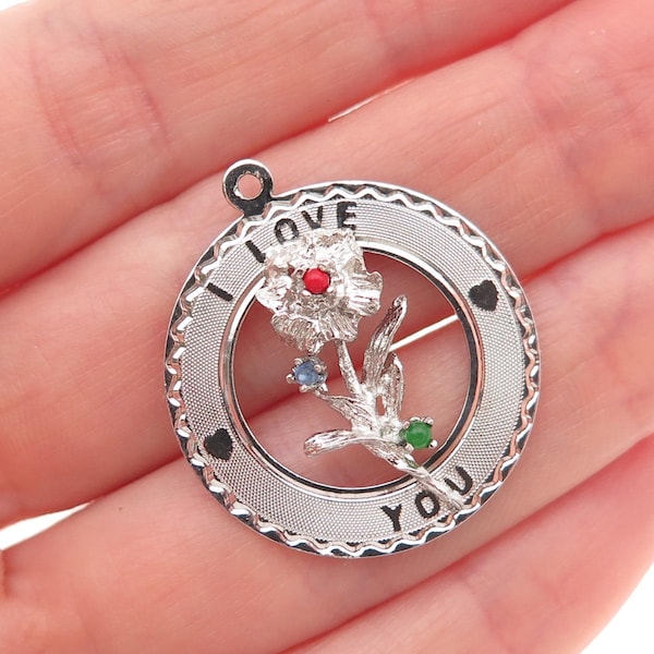 Elco 925 Sterling Silver Vintage Rhinestone I Love You Flower Charm Pendant