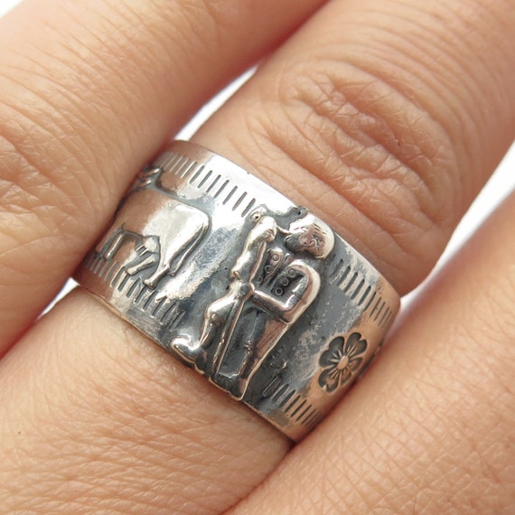 800 Silver Vintage Cow Storyteller Band Ring Size… - image 1