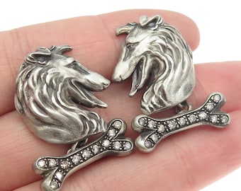 925 Sterling Silver Vintage Real Round-Cut White Diamond Collie Dog Cufflinks