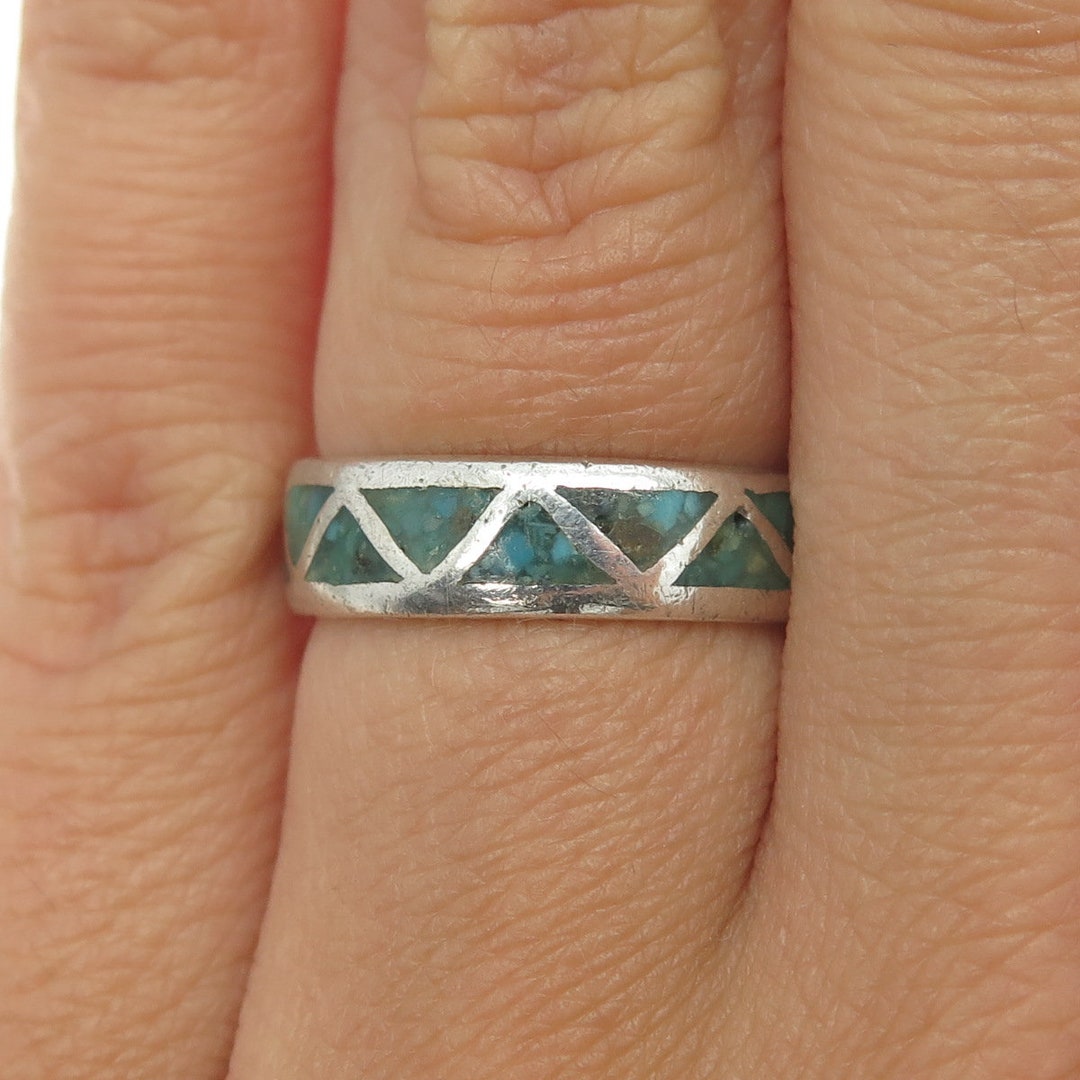 Old Pawn Navajo Sterling Silver Southwestern Turquoise Inlay Band Ring