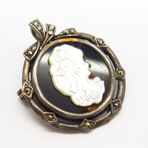 925 Sterling Black Onyx Marcasite Gem and MOP Cam… - image 3