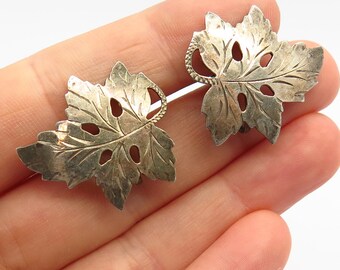 925 Sterling Silver Vintage Grape Leaf Design Screw Back Earrings