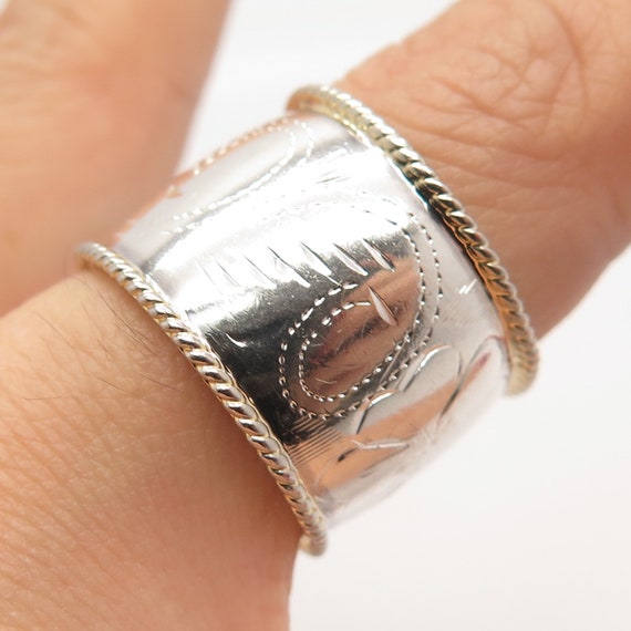 925 Sterling Silver 2-Tone Vintage Etched Wide Ba… - image 2