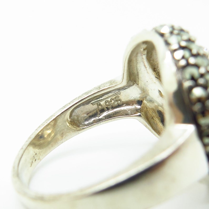 Signed 925 Sterling Silver Real Marcasite Gem C Z Spiral Wide Ring Size 8